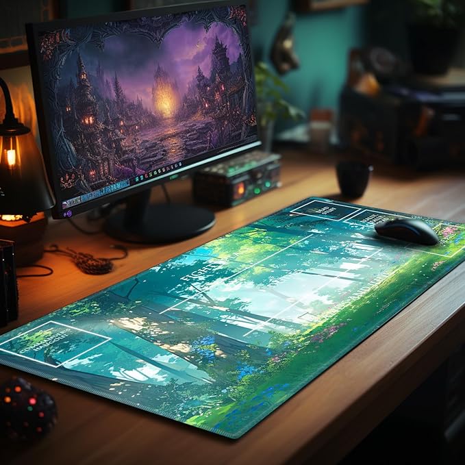 Playmat with Zones for MTG Card Game Playing, 24"x14" Commander Deck Gaming Desk Duel Mat for Beginner, Anime Woodland Forest