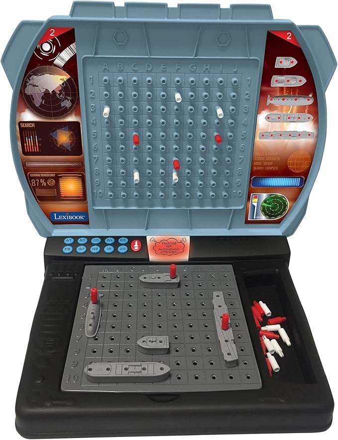 LEXIBOOK Talking Sea Battle (French, English, Spanish, Portuguese), Electronic Board Game 1 or 2 Players, Interactive, Light and Sound Effects, Strategy, batteriy Operated, Grey/Black, GT2800i1
