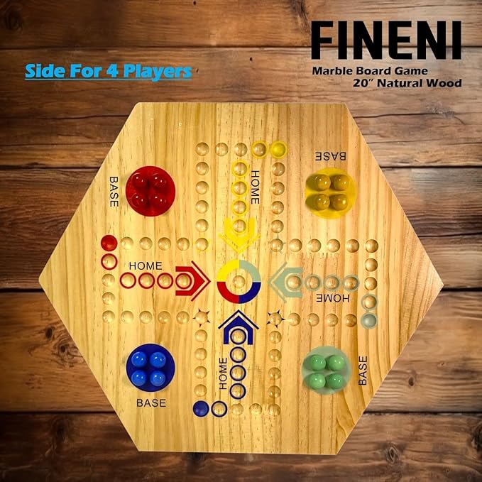 Wooden Board Games, Marble Board Game Original with Dual Sides Fast Track Games for 2 to 6 Players, Double Side Marble Boards, 6 Colors 30 Marbles and 6 Color 6 Dice, Pouch (20" Log)