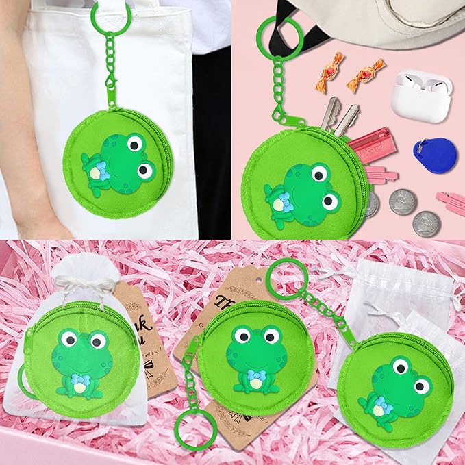 36 Pack Frog Change Purses Set Include 12 Wallets with Keyring,12 Thank You Tags and 12 Organza Bags for Green Frog Lover,Baby Shower,First Birthday Reptile Camping Decor,Green