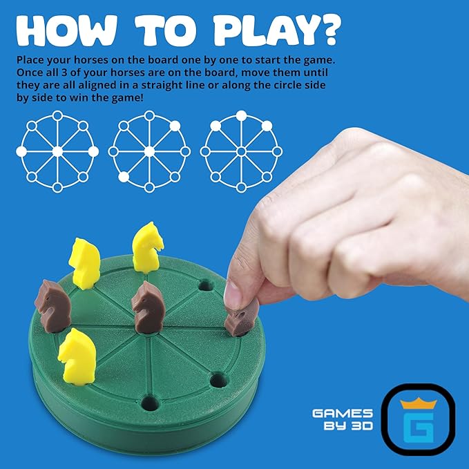 ROTA Game, Tic-Tac-Toe Game with Never a Tie, A Winner in Every Round, Ancient Roman Strategy Game, Portable 4" Board, Pockets or Purse-Size, with Horse Pieces, Made in USA (Green)