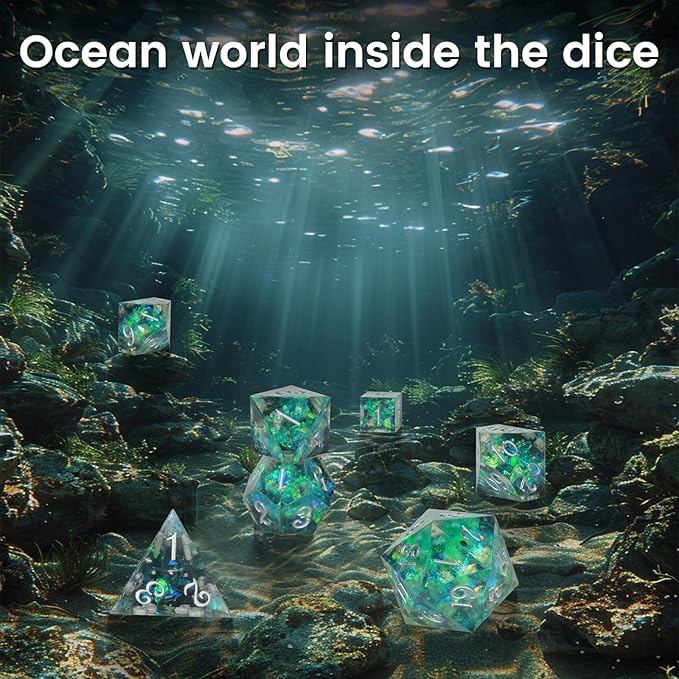 OriCraft Green Magic Dice DND Dice Set Dungeons and Dragons Polyhedral Role Playing Gaming Dices Green Underwater World D20 Dices Magical World Ocean Dice Halloween Sharp Corners