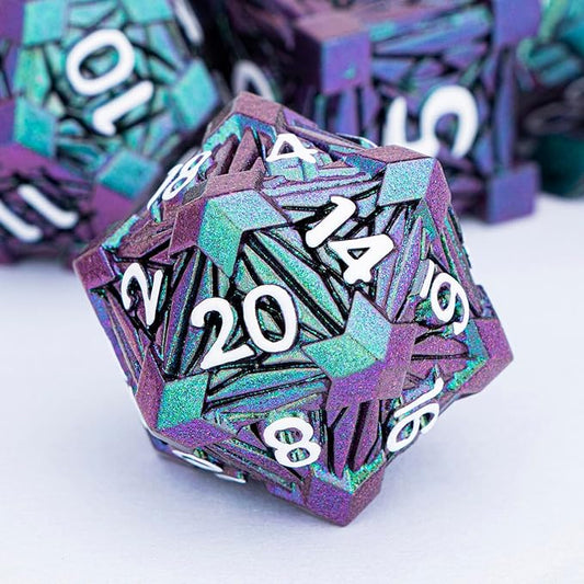 7PCS Metal DND Dice Set with Box, Debris RPG Green Purple D and D Dice for use with D&D Tabletop Games Role Playing Game Polyhedral Dice Set D20 D12 D10 D8 D6 D4