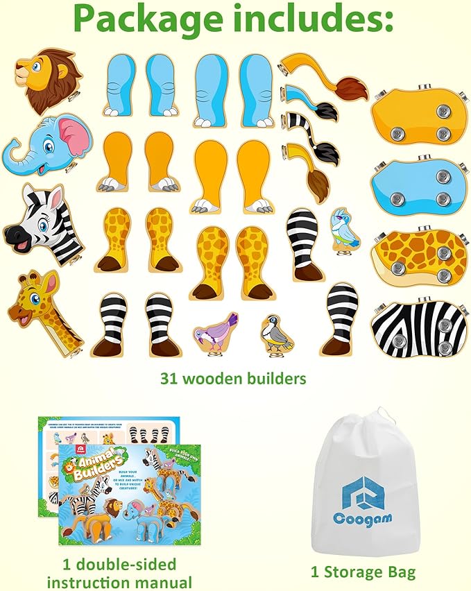 Coogam Wooden Snap Together Building Toy, Take Apart Construction Builders, Assembly Animal Building Blocks, STEM Fine Motor Learning Toy Gift for 3 4 5 Years Old Kids