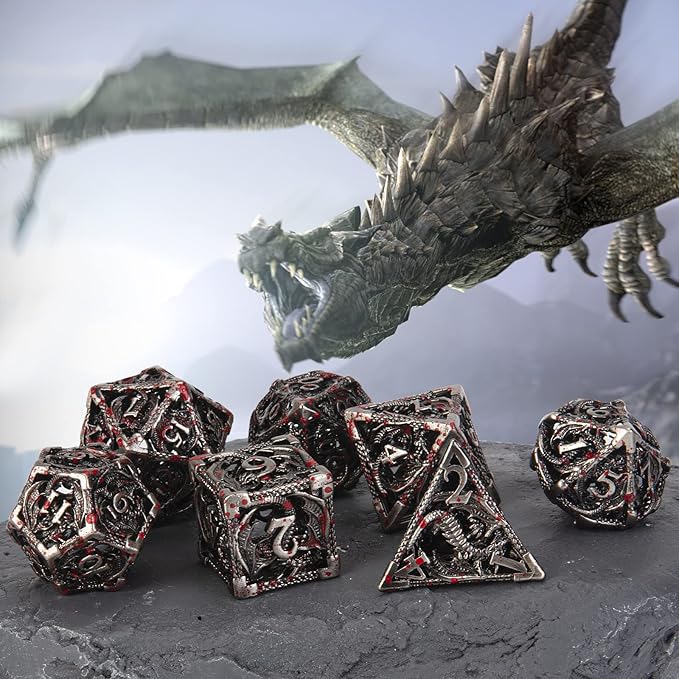 DND Dice Hollow D&D Metal Dice Dungeons and Dragons Dice Set with Gift Box 7 PCs Steampunk Polyhedral Dice Games Set for RPG,MTG,Pathfinder,(Dragon Blood Spattered)
