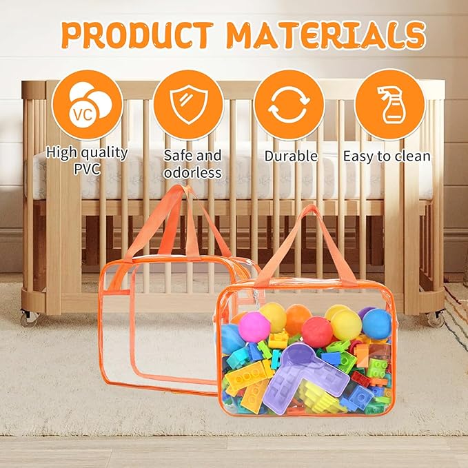 9 Pcs Toy Storage Bags, Clear PVC Toy Organizer Bag Include 6Pcs Large Handheld and 3Pcs Medium Zipper Bags with Labels for Organizing Board Game, Building Blocks (Colorful)