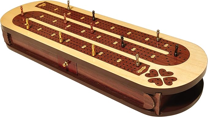 PALM ROYAL HANDICRAFTS 4 Track Wooden Cribbage Board Set Inlaid in Rose Wood and Maple Wood with pegs and Cards. Storage Available. 4 Player Cribbage Board (15 x 5 Inches)