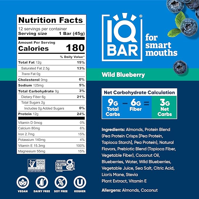 IQBAR Brain and Body Plant Protein Bars - Wild Blueberry - 12-Count Low Carb - Gluten Free, High Fiber, Vegan Snacks - Low Sugar Meal Replacement