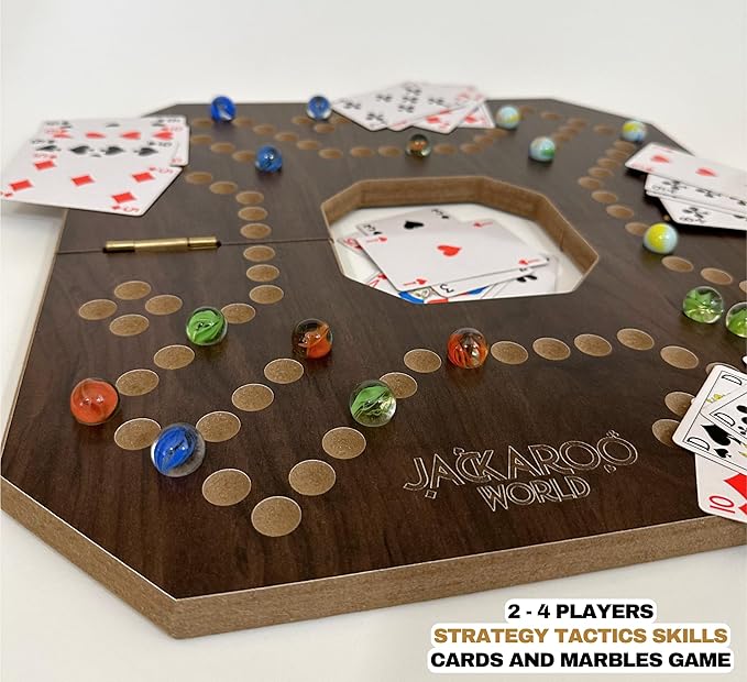 Jackaroo Board Game - 2-4 Player Marbles Strategy Game - Marble Chase Game - Carbles Board Game with Cards - Jokers and Marbles board game - Wahoo Wooden Board Foldable and Open in The Middle (Walnut)