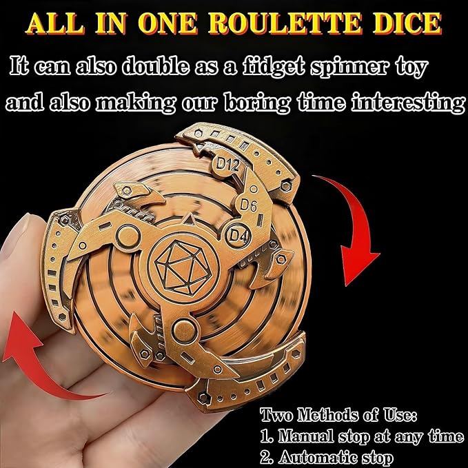 D&D Themed Fidget Spinner, dice Spinner, D4,D6, D8, D10, D12,D20,D% 7-in-1 Metal dice, Perfect for D&D Dungeons and Dragons, RPG and Pathfinder Role Playing Games (Black Gold)