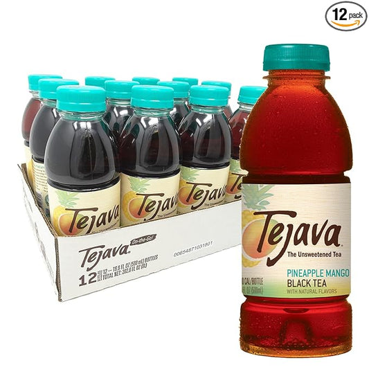Tejava Pineapple Mango Black Iced Tea, 12 Pack, 16.9oz PET Bottles, Unsweetened, Non-GMO, Kosher, No Sugar or Sweeteners, No calories, No Preservatives, Brewed in Small Batches