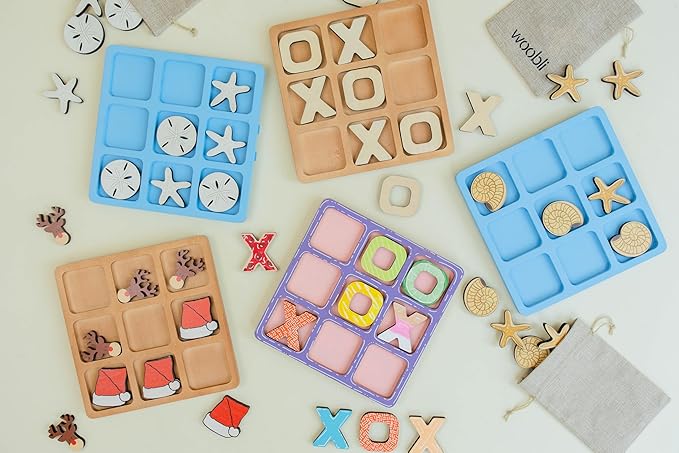 Beach Tic Tac Toe Game – Coastal Wooden Board Game with Sea Star vs Sand Dollar Pieces, Beach House Coffee Table Decor, Classic Two-Player Game, White Elephant Gift, 8.63-Inch Tic Tac Toe with Easel