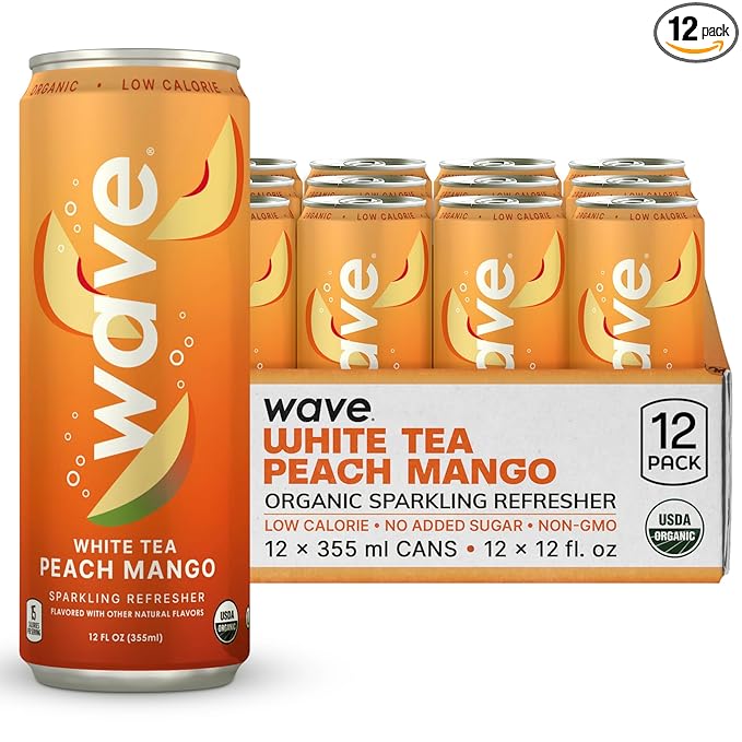 WAVE Sparkling Refreshers | Sparkling Juice | Organic Hydration | Low Calorie Drink | Lightly Carbonated Soda Alternative | No Added Sugar or Artificial Ingredients | White Tea Peach Mango | 12 Pk.