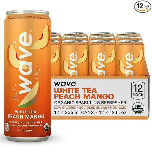 WAVE Sparkling Refreshers | Sparkling Juice | Organic Hydration | Low Calorie Drink | Lightly Carbonated Soda Alternative | No Added Sugar or Artificial Ingredients | White Tea Peach Mango | 12 Pk.