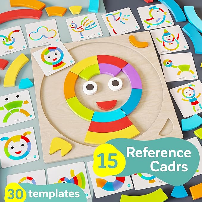 Toddler learning wooden Montessori toys – pattern blocks and boards tangrams for kids educational preschool activities color sorting games fine motor skills baby girls and boys for 3 4 5 years old