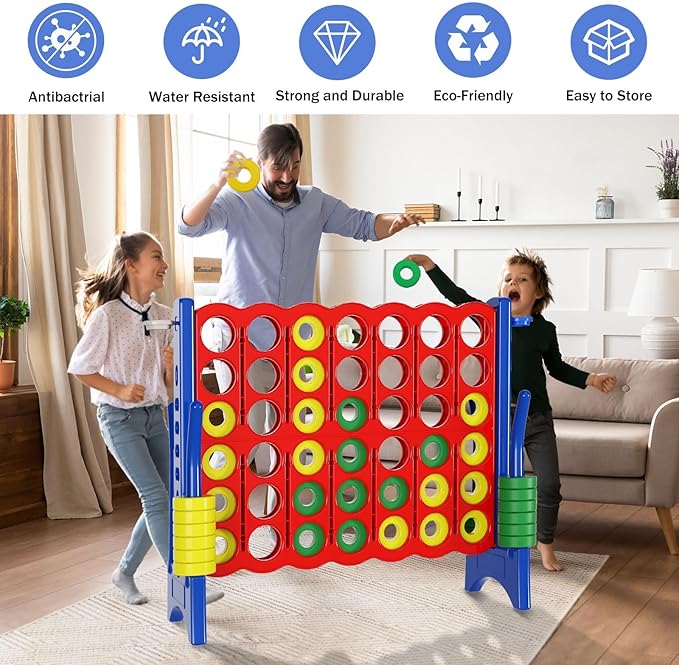 Jumbo 4 in a Row Game Set,4FT Giant Game Set with Carry Bag&42 Pieces Rings&Cup Holder,Indoor/Outdoor Yard Game for Kids & Adults-Fun Family&Party Game-Boosts Brain Power(Red&Blue)