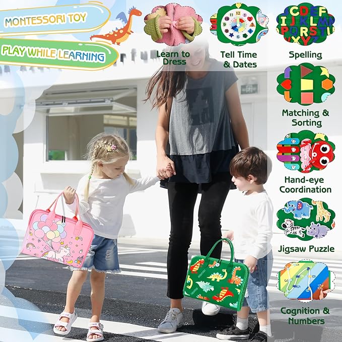 Esjay Toddler Busy Board Montessori Toys, Sensory Board Educational Activities for Learning Fine Motor Skills, Gifts for Girls Boys Toddlers, Travel Toys for Airplane Car,Green Dinosaur