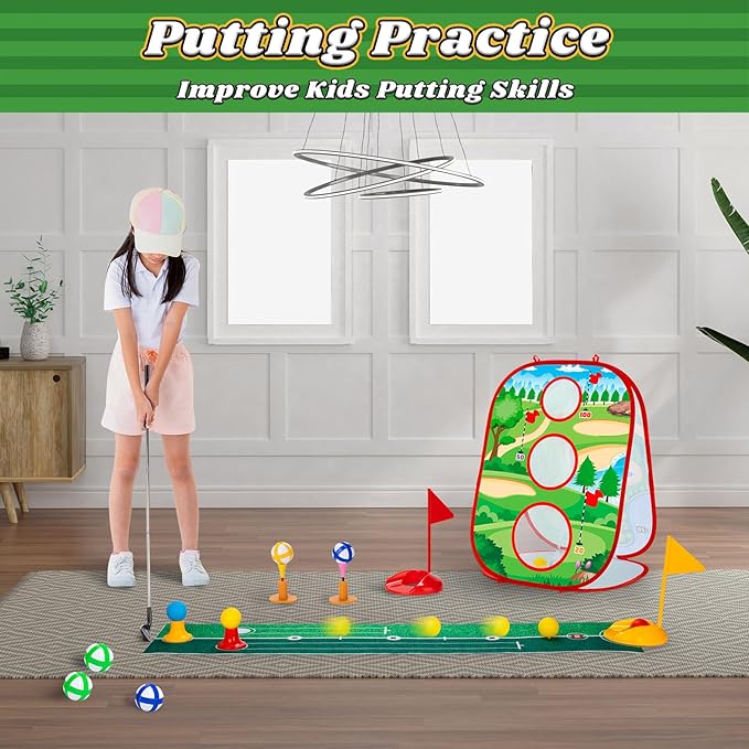 Toddler Golf Toys Set for Kids - Game with Double-Sided Golf Chipping Cornhole Board, 12 Ball, 2 Adjustable Clubs, Indoor Outdoor Birthday Gifts for Girls Boys 3 4 5 6 Years Old