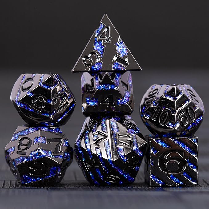 Metallic Glitter Stripes D&D Dice Set,7 PCS Polyhedral Dice with Gift,RPG Metal Dice Set Dungeons and Dragons Tabletop Game (Black Nickel Sapphire Blue)
