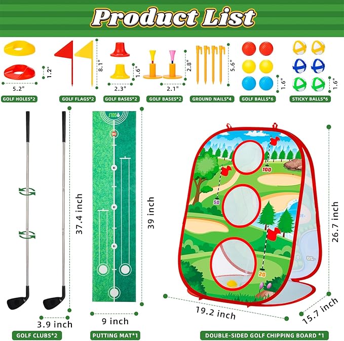Toddler Golf Toys Set for Kids - Game with Double-Sided Golf Chipping Cornhole Board, 12 Ball, 2 Adjustable Clubs, Indoor Outdoor Birthday Gifts for Girls Boys 3 4 5 6 Years Old