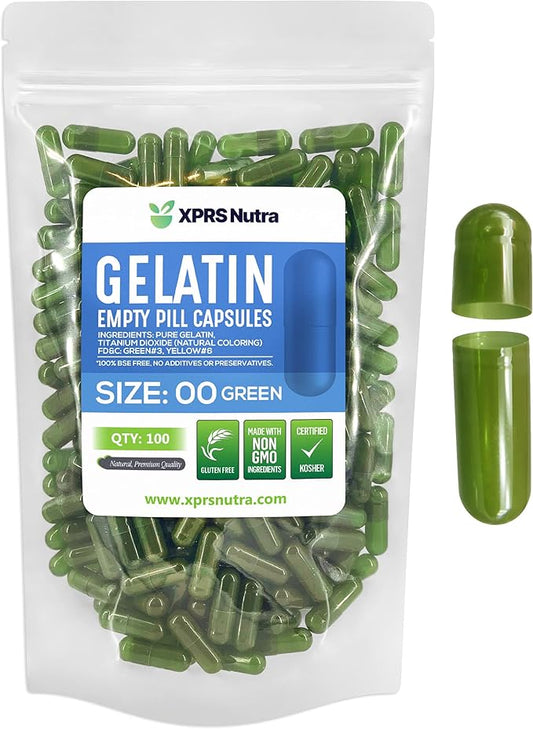 XPRS Nutra Size 00 Empty Capsules - 100 Count Empty Gelatin Capsules - Pills DIY Capsule Filling - Fillable Pill Gel Caps for Do-It-Yourself Supplements (Green)