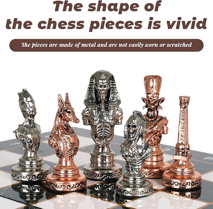 Large Egyptian Metal Chess Set for Adults with Travel Foldable Marbling 15-Inch Chess Board - Weighted Metal Chess Pieces- Luxurious Chess Sets for Collectors Family Vintage Board Game