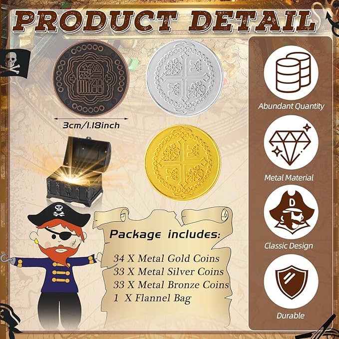 Hanaive 100 Pcs Metal Pirate Coins Treasure Chest Spanish Doubloon Fake Coins Tokens for Kids Board Games Pirate Party Cosplay (Classic Style)