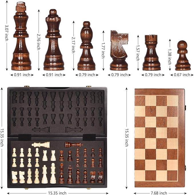 Magnetic Wooden Chess Set 15" Unique Chess Board Game with Chess Pieces Storage Slots, Tournament Portable Folding Travel Chess Sets for Kids Adults Beginner and Pros, 2 Extra Queens
