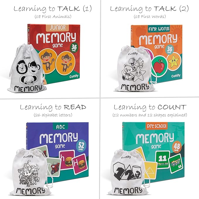 Cottify 2-Pack Wooden Memory Matching Game for Toddlers for Toddlers 3-5 Years, Durable, Toddler Memory Game for Kids 3 and up, Toddler Matching Toy, First Words and Animals, 72 Cards