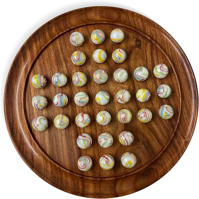 30cm Diameter Wooden Solitaire Board Game with Glass Pan American White Marbles with Multi Coloured Swirls | Classic Wooden Solitaire Game | Strategy Board Game | Family Board Game | Games for one