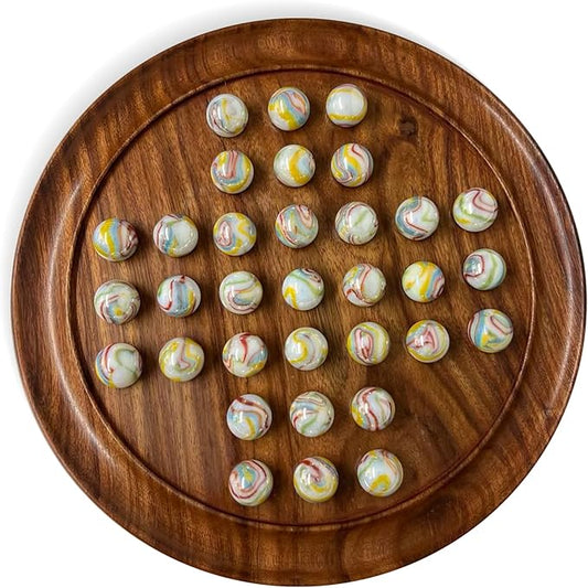 30cm Diameter Wooden Solitaire Board Game with Glass Pan American White Marbles with Multi Coloured Swirls | Classic Wooden Solitaire Game | Strategy Board Game | Family Board Game | Games for one