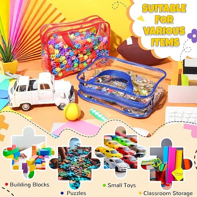 Sanwuta 4 Packs Large Toy Storage Bags Reusable Clear PVC Organizing Case Bags with Two Handles Waterproof Toy Container for Board Games, Building Blocks, Puzzles, Small Toys and Kids Books(Bright)