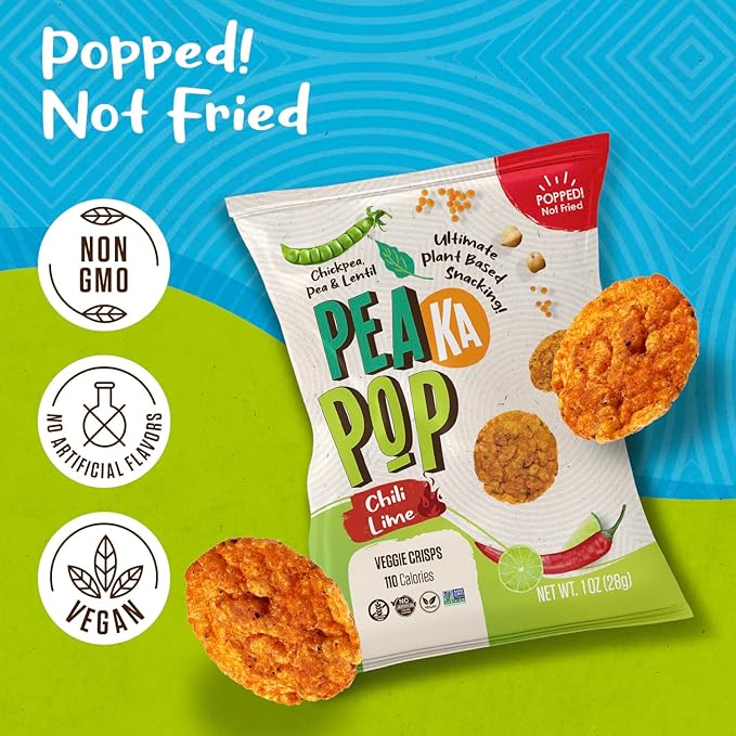 PeaKaPop Veggie Chips – Plant-Based, Healthy Veggie Crisps with Pea, Lentil & Chickpea Protein – Vegan, Gluten-Free, Popped Chips – Snack Size for Kids & Adults – 1 oz Bags (15-Pack) – Chili Lime