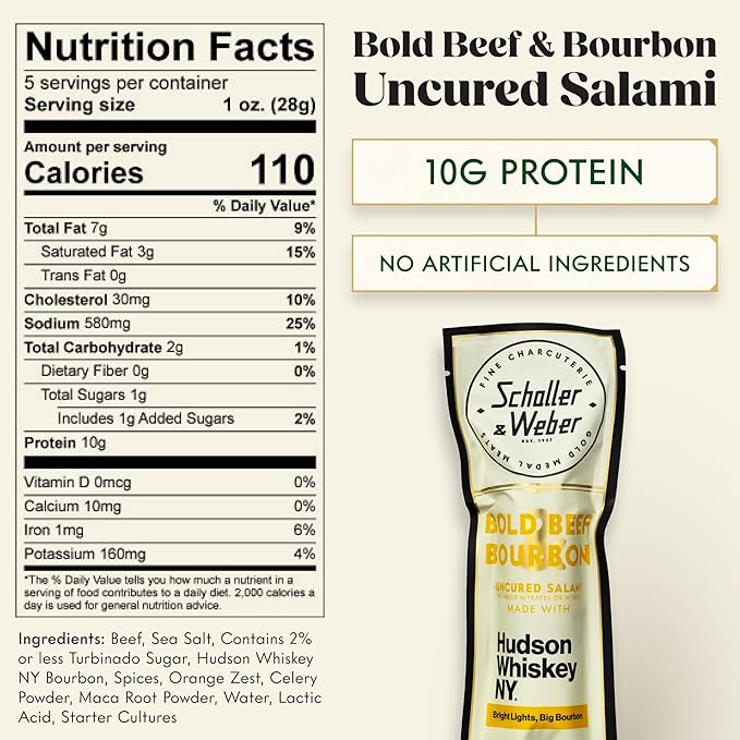 Schaller & Weber Bold Beef & Bourbon Uncured Salami, Made with Hudson Whiskey, No Artificial Ingredients, Gluten Free, 5 Ounce (Pack of 1)