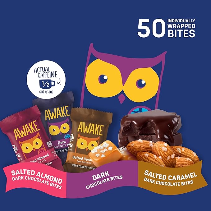 AWAKE - Caffeinated Chocolate Bites - USA Variety Pack (3 Flavors) 50 Bites - Peanut Butter, Milk Chocolate, & Caramel - 50mg Caffeine - Coffee Alternative - Fairtrade - Gluten-Free - Non GMO - 0.48oz