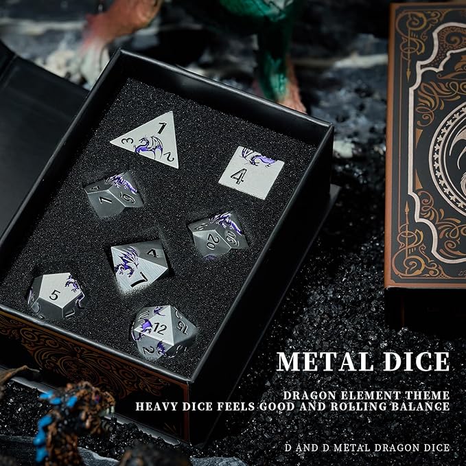 Purple Dragon Metal Dice HNCCESG 7 Piece Heavy Metallic D&D Dice Set with Dungeons and Dragon Gift Dice Box for TTRPG Tabletop Game (Matte Silver Purple)