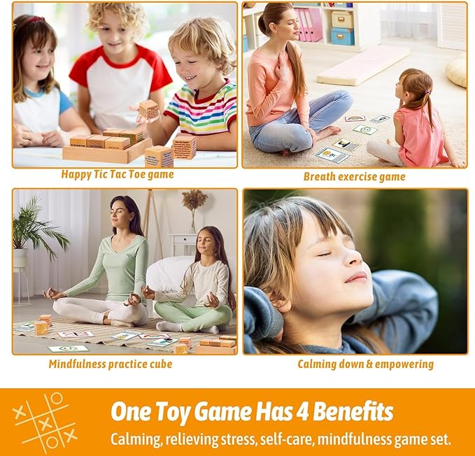 Garybank Calm Down Corner Game for Kids - Tic Tac Toe with 20 Breathing Exercises Cards for Anxiety Relief, Mindfulness Cards Game for Kids, Calming Corner Supplies for Children Positive Affirmation