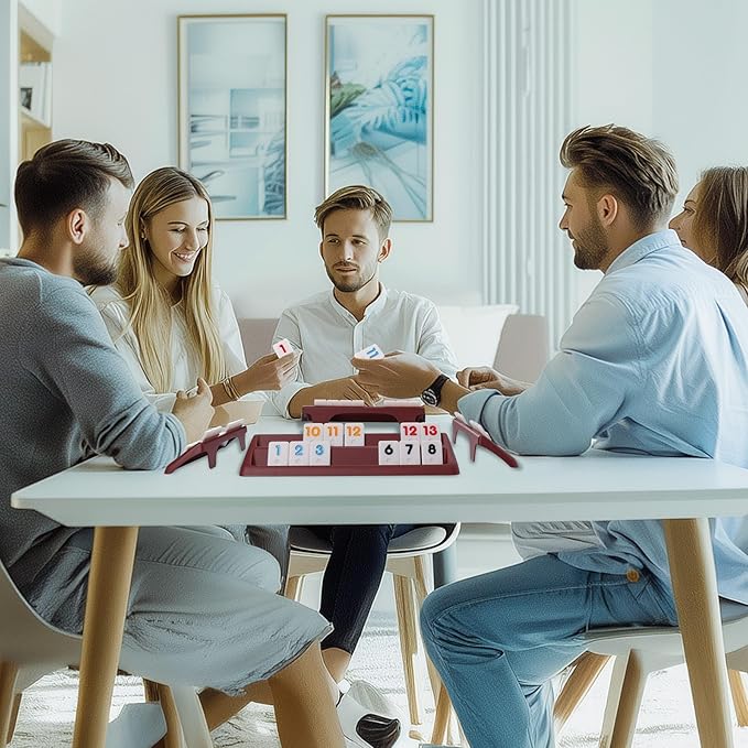 106 Rummy Tiles Set with 4 Double Tile Holders - Compact Travel Size, Classic Rummy Game for Adults, Kids & Family - 2-4 Players - Perfect for Parties, Travel & Family Game Night