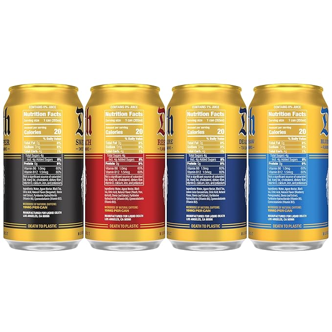 Liquid Death Iced Tea Variety Pack, 12-Pack (12 oz Cans), Low Calorie, Low Caffeine, No Artificial Sweeteners, B12 & B6 Vitamins, 4 Flavors: Dead Billionaire, Rest in Peach, Sweet Reaper, Blueberry Buzzsaw
