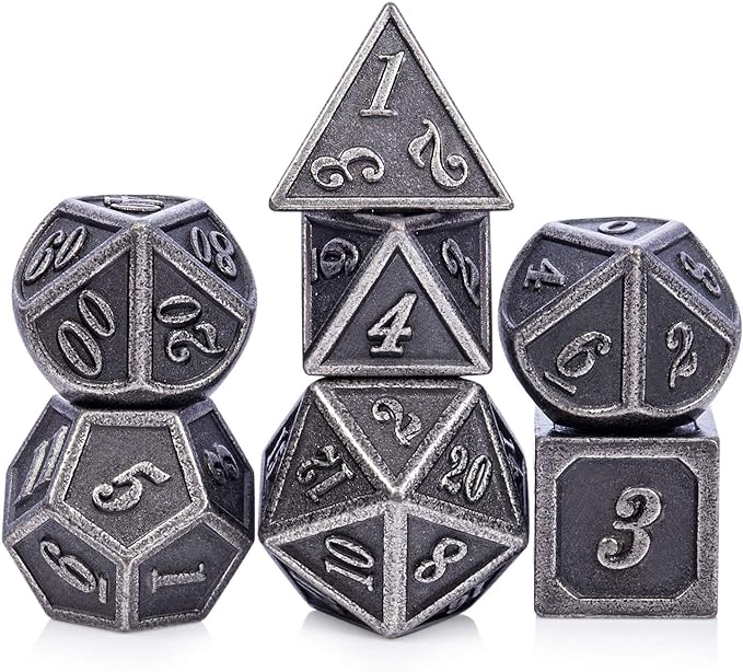 DnDnD Acient Silver Metal DND Dice Set, 7PCS D&D Metal Dice with Metal Case for Dungeons and Dragons, Shadowrun, Pathfinder, Savage World and Table Games