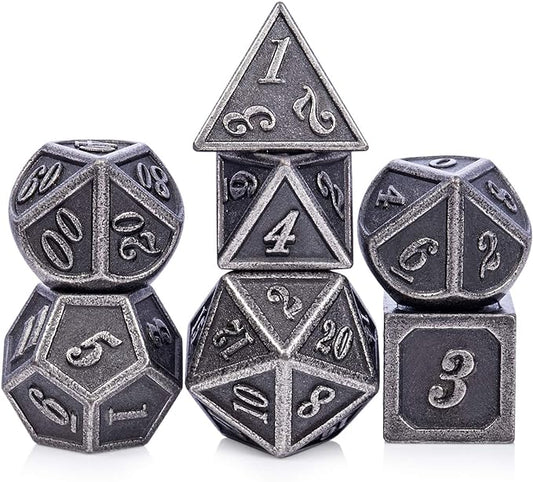 DnDnD Acient Silver Metal DND Dice Set, 7PCS D&D Metal Dice with Metal Case for Dungeons and Dragons, Shadowrun, Pathfinder, Savage World and Table Games