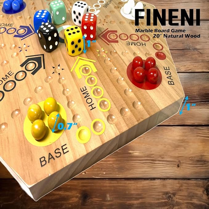 Wooden Board Games, Marble Board Game Original with Dual Sides Fast Track Games for 2 to 6 Players, Double Side Marble Boards, 6 Colors 30 Marbles and 6 Color 6 Dice, Pouch (20" Log)