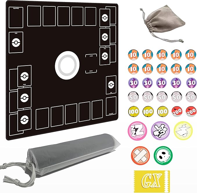 Playmat for Trading Card Game – 2-Player Trainer Mat with Damage Counters and Professional Storage Bag (Black, Large)
