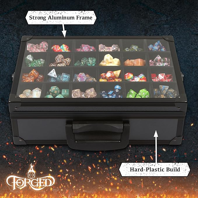 Forged Dice Co. Dice Display Case and Rolling Tray with 3 Removable Divided Dice Trays - Storage Box Holds up to 720 Metal or Plastic Polyhedral Dice Sets - Great for Dice Collectors or RPG D&D Games