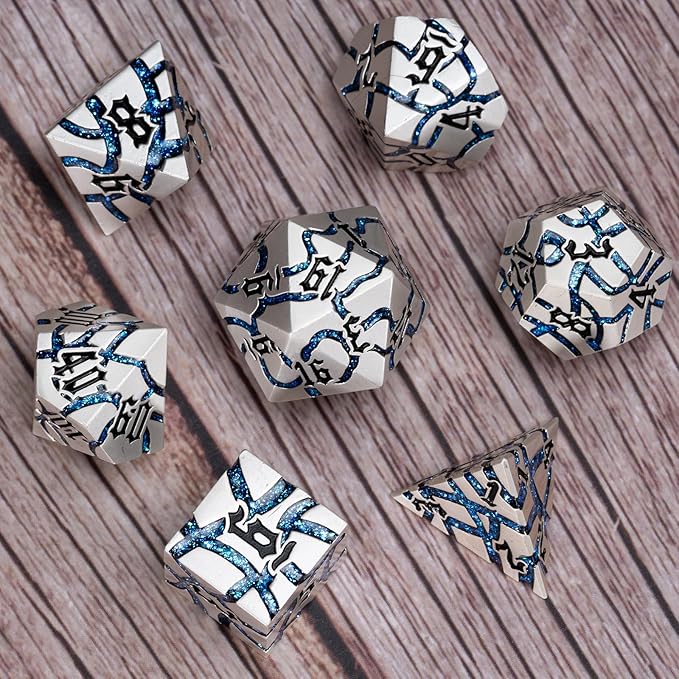 Dice Set D&D Dungeons and Dragons Dice D20 Metal DND Dice Set with Box, Polyhedral Role Playing Dice D12 D10 D% D8 D6 D4 for MTG RPG Board Games (Pearl Silver Blue)