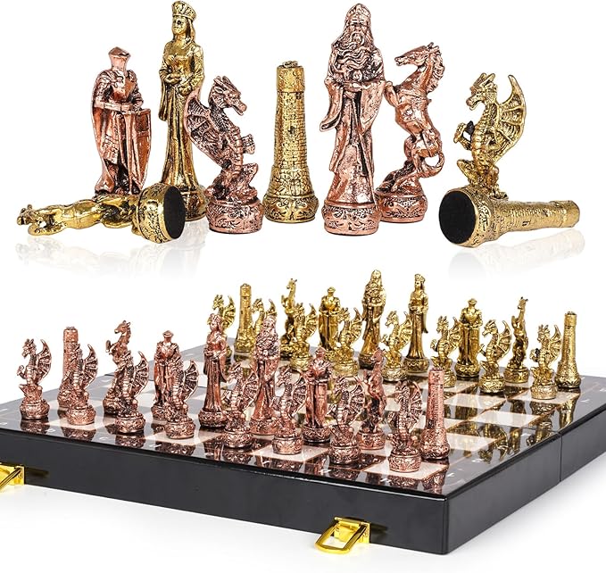 Large Vintage Metal Chess Set for Adults and Kids – Marbling Chess Board with Metal Chess Pieces 15" Travel Chess Set with Metal Chessmen – Collectible Elegant Chess Game – Family Vintage Board Game