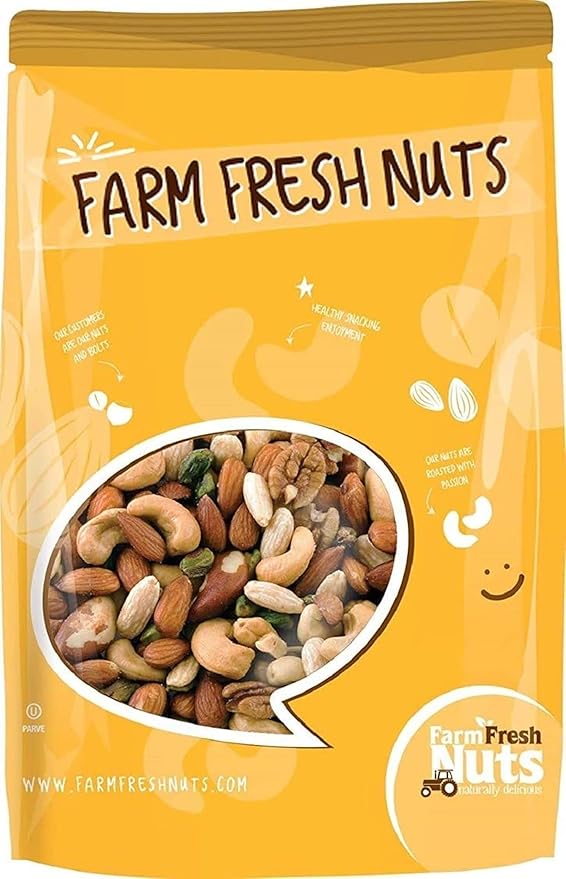 Farm Fresh Nuts DELUXE MIXED NUTS Roasted with the Healthy Himalayan Salt. - Oven Roasted without oil - featuring Almonds, Brazil Nuts, Cashews, Pecans, Pistachios. (24 Oz.)