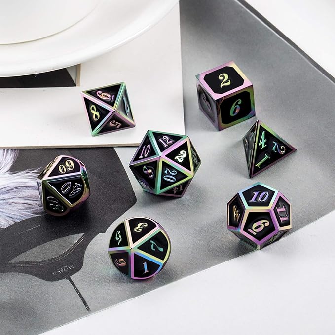 DNDND Rainbow Edge 7 Pieces Metal Dice Set DND Polyhedarl Heavy D&D Dice Set with Metal Tin for Dungeons and Dragons and Role Playing Game