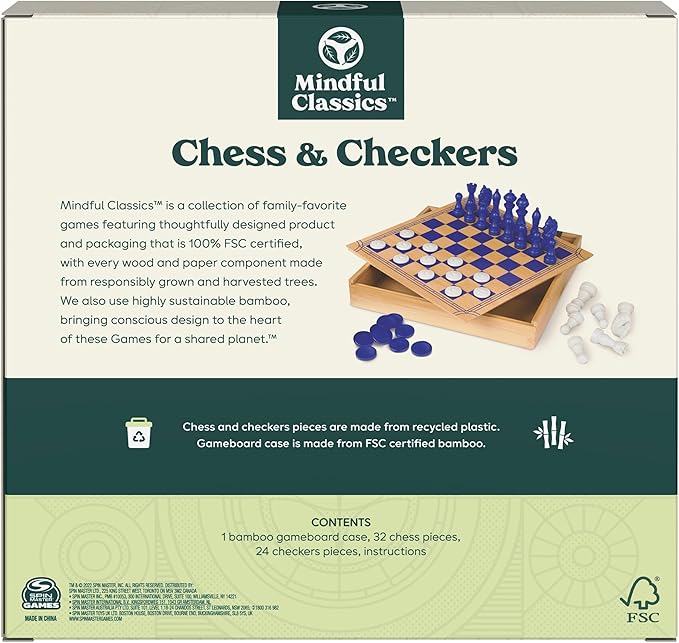 Chess Checkers Board Game Set with Bamboo Wooden Box Family Board Games Eco-Friendly Gift, for Adults and Kids Ages 8 and up