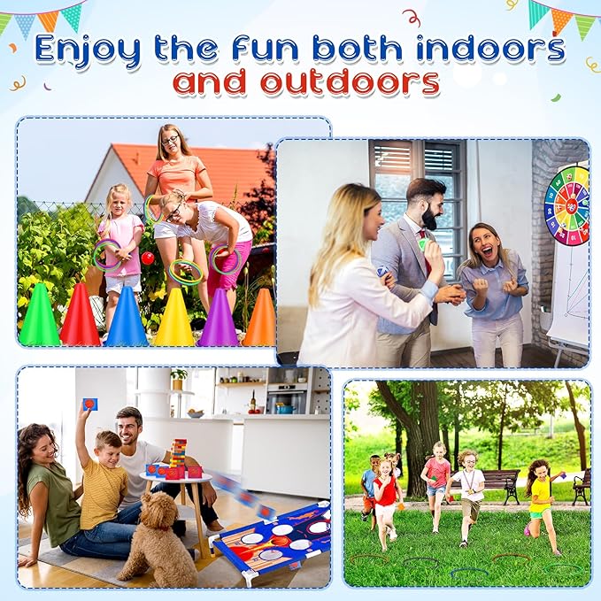 Hungdao 61 Pcs Toss Game Toys Set Bean Bag Carnival Games Ring Toss Game Dart Board Corn Hole Games with Sticky Balls Rings Medal Party Toys for Boys Girls Gifts Outdoor Indoor